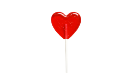 Bright red heart-shaped lollipop on a stick against a transparent background. Sweet treat concept