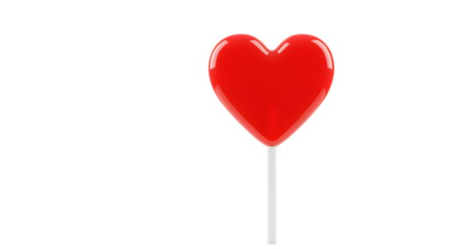 Charming red heart-shaped lollipop on a stick with a shiny surface against a transparent background. Sweet gift concept