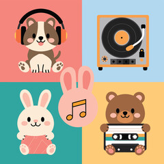 2d vector illustration icon cool entertainment cartoon character  music tools (Drum , Music Note , Headphones ,Microphone , Piano , Guitar ,Record) 
