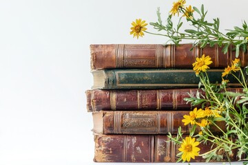 A stack of antique leather-bound books adorned with yellow flowers, evoking a sense of history and knowledge.