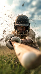 Professional baseball player wearing helmet and gloves swinging bat at incoming ball during match, dirt and grass flying