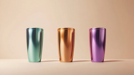 Sleek tumbler mockup vibrant customizable designs metallic textures and elegant presentation on a neutral background