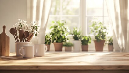 Sunny Kitchen Table with Flowers and Coffee Cups