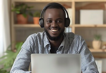 A smiling male customer service technician, wearing a headset and using a laptop in an office, represents the concept of business support or a call center. The