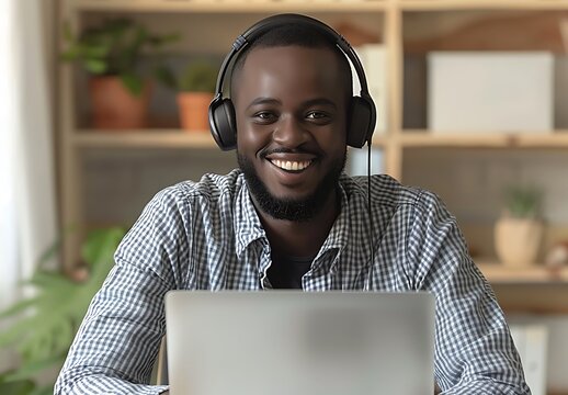 A smiling male customer service technician, wearing a headset and using a laptop in an office, represents the concept of business support or a call center. The