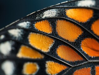 Close-up of a butterfly wing showcasing intricate patterns of orange, black, and white scales.