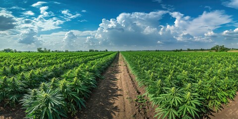 Naklejka premium Vast Hemp Field Under a Summer Sky: A Panoramic View of Agricultural Cannabis Cultivation