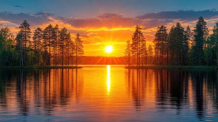 Obraz premium Serene sunset over a tranquil lake, framed by a dense forest