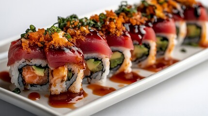 Exquisite Japanese Sushi Rolls with Fresh Tuna and Vibrant Garnishes Display