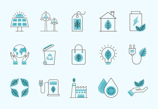 Blue Sustainable Eco Energy Environment Icons Set
