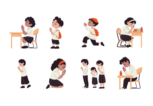 Colorful Student Praying Religious Worship Illustration Set