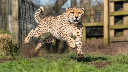Cheetah running in enclosure, sunny day, wildlife park, excellent for educational materials