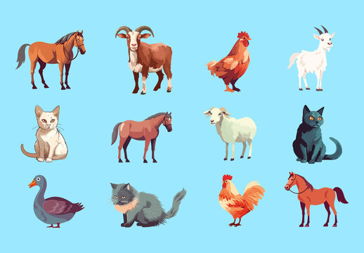 Colorful Farming Domestic Animals Illustration Set