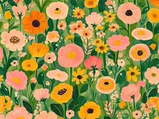 Field of colorful flowers with a green background