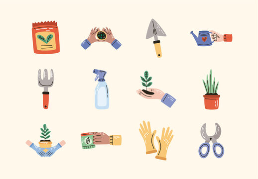 Colorful Gardening Tools and Plants Icons Set