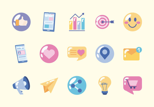 Colorful Digital Social Media Marketing Icons Set
