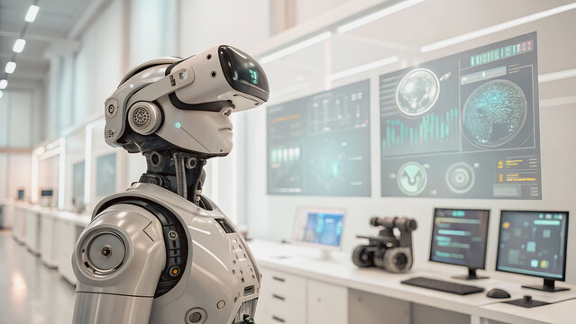 A futuristic robot, immersed in a sea of data, observes complex visualizations.Advanced AI, processing information, with a VR headset, in a high-tech lab.