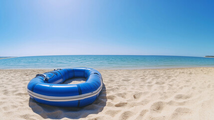 Fisheye minimalist photo of a blue inflatable dinghy resting on the white sand of a tropical beach with calm ocean in the background, on a sunny summer day