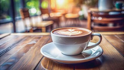 A steaming cup of latte, artfully crafted, sits on a wooden table, bathed in the warm glow of sunlight filtering through the cafe windows.