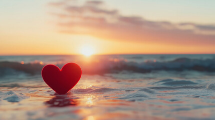 Sunset romance displaying vibrant red heart silhouetted against shoreline, gentle waves lapping sandy beach