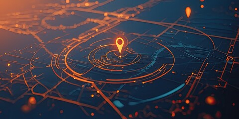 Digital city map GPS location pinpoint, glowing network background