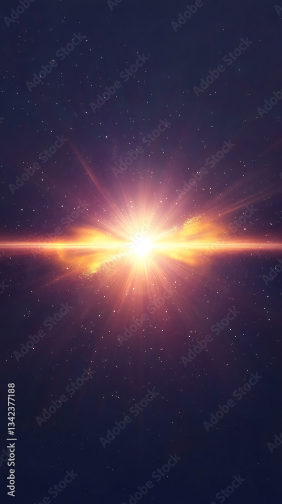 Poster Radiating light rays and shimmering particles from a brilliant star, illuminating the dark expanse of space with celestial energy