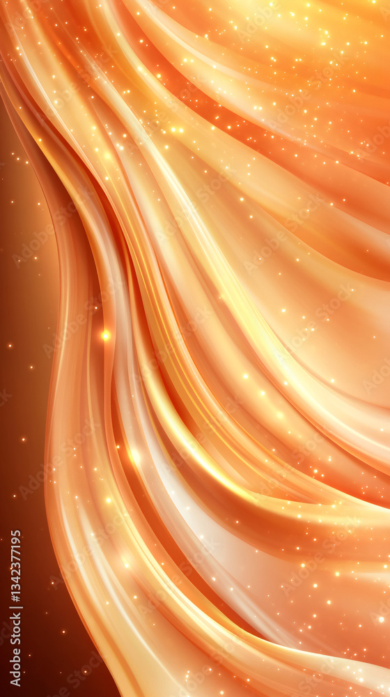 Poster golden fabric gracefully rippling, sparkling particles dancing, creating ethereal luminous texture