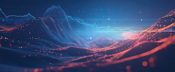 Digital landscape with glowing mountains and data charts