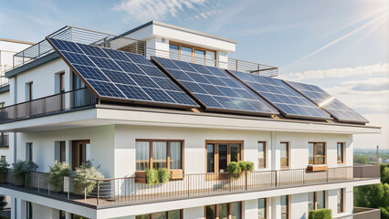 Fototapeta premium Modern apartment building with solar panels, showcasing sustainable design.