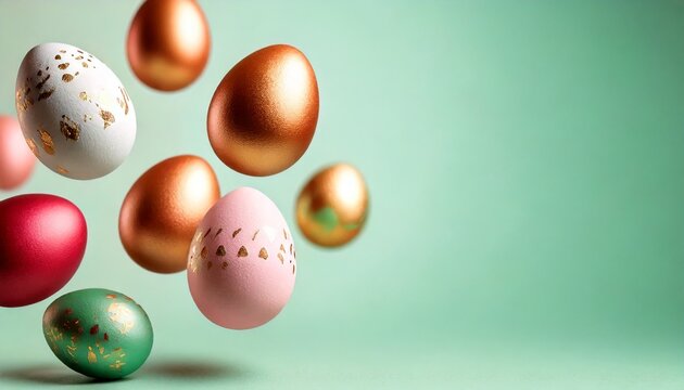 Colorful Easter eggs floating against a pastel green surface with space for copy