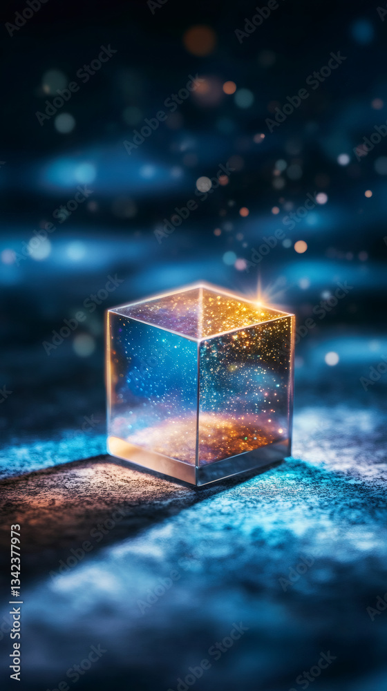 Poster Glass cube containing golden particles is shining on a dark background with blue light, creating a magical atmosphere