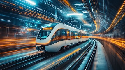 Futuristic train zipping through a vibrant city tunnel