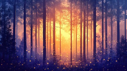 Fototapeta premium Enchanting sunrise in forest nature scene dreamy atmosphere magical view