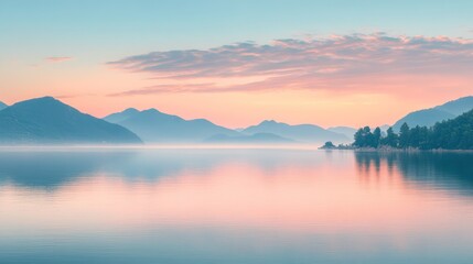 Obraz premium Peaceful sunrise lake mountainscape, misty calm