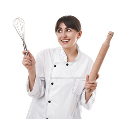 Professional chef with rolling pin and whisk on white background