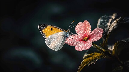 Butterfly on dew-kissed flower