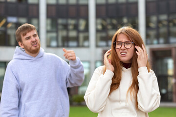 husband and wife, married couple in love in quarrel. sad guy and girl break up. young woman and man end their love relationship. upset male and female suffer from family conflict