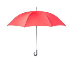 Fototapeta premium Red umbrella open with curved handle isolated on white, cut out