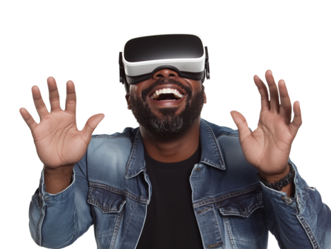 Man enjoying virtual reality gaming with VR glasses while smiling indoors during daylight hours