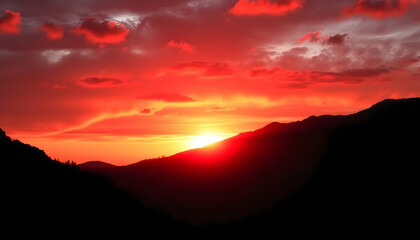 Obraz premium Fiery Sunset Over Majestic Mountains Dramatic Sky Red Hues Nature Landscape