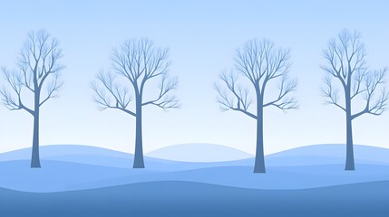 Fototapeta premium Serene Winter Landscape- Three Bare Trees on Blue Hills