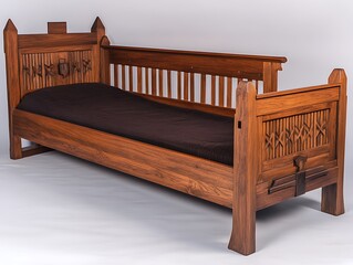 Ornate Wooden Daybed Against Plain Background.