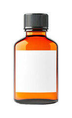 Fototapeta premium Amber glass medicine bottle with blank label and black cap, cut out