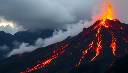 Fototapeta premium Volcano Eruption Fiery Lava Flow Dramatic Nature Scene