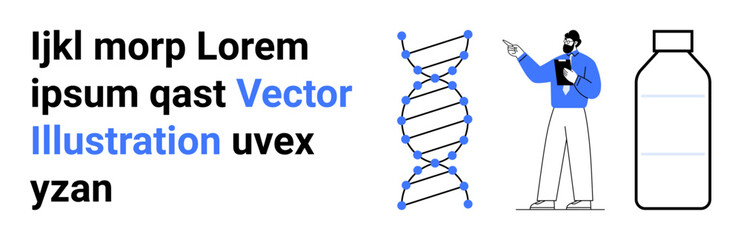 Scientist pointing at DNA strand model emphasizing genetic structure, research, discovery. Ideal for science, education, genetics, biology, research, innovation simple landing page