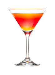 Layered cocktail in martini glass with red orange and yellow gradient, cut out