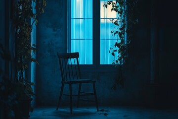 Lonely Chair by Blue Window at Night