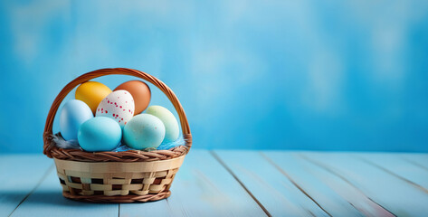  Easter painted eggs in a wooden basket, the basket stands on a blue wooden platform, blue background, banner, space for text