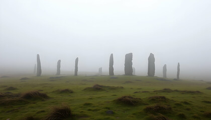 Ancient Standing Stones in Misty Highland Landscape Mysterious Scotland Heritage