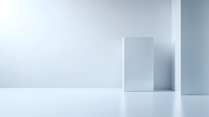 Minimalist Light Blue Room Interior with Geometric White Display Stand